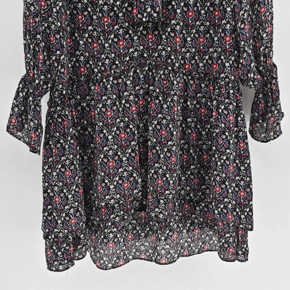 JOIE Dress Sz S Jamira Black Floral Silk Tie Neck Bell Sleeve Ruffle Mini Ditsy‎